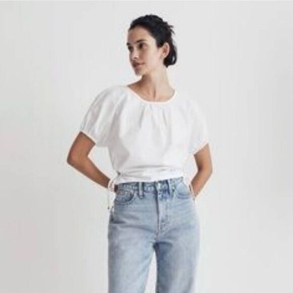 Madewell Jewel Poplin Puff Sleeve Cutout Crop Top Blouse Sz XS NWT - Picture 4 of 10